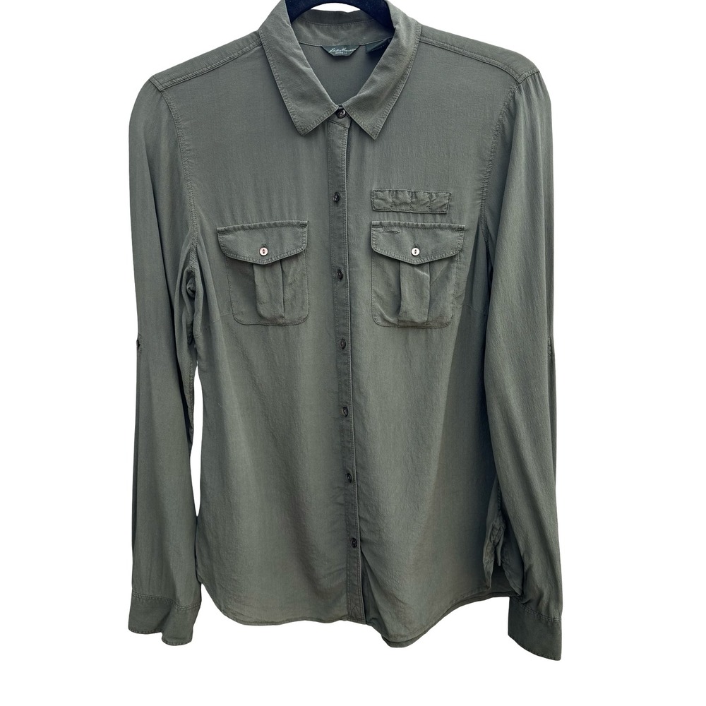 Eddie Bauer‎ 100% Silk Quiet Luxury Utility Shirt Earthy Green Roll Tab Sleeve M